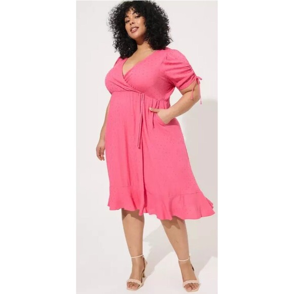 TORRID Pink Midi Swiss Dot Surplice Wrap Casual Dress Size 0 US Large Like 12 - Picture 1 of 7